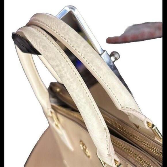 Tory Burch Robinson Tote Saffiano Leather Two Tone Beige Ivory Purse Crossbody - Picture 9 of 16